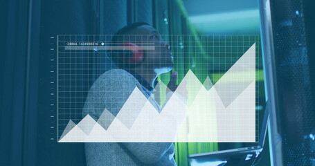 Image of data processing and diagram over biracial male worker in server room
