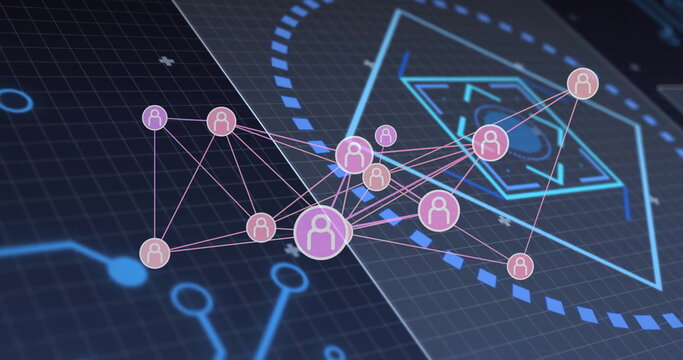 Image of network of connections over scope scanning on black background
