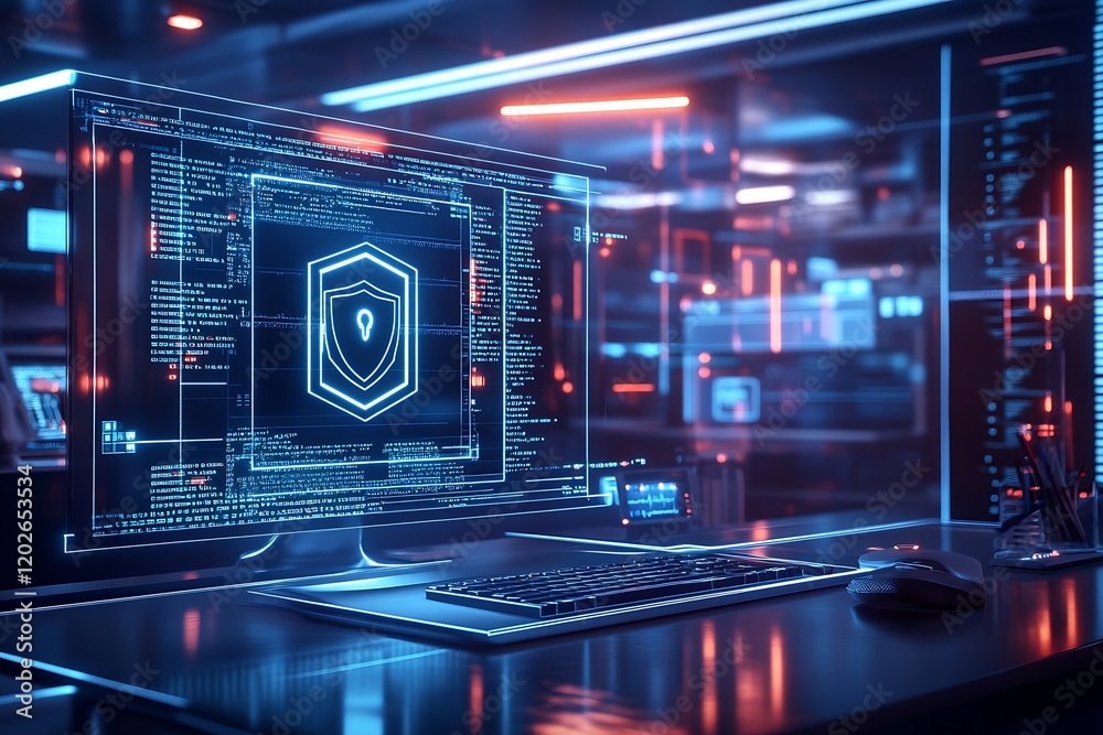 Poster Advanced Cyber Technology with Digital Shield Display in Futuristic Control Room : Generative AI