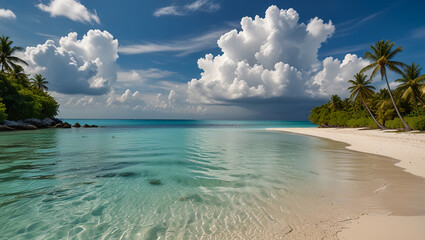 Fototapeta premium illustration of a beach with beautiful coconut trees