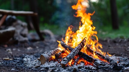 Cozy forest campfire burning bright in serene wilderness for outdoor adventure and relaxation : Generative AI