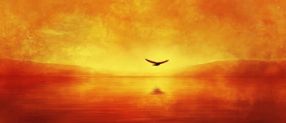 Fototapeta premium An eagle soars across a fiery sunset sky, embodying freedom and grace above a tranquil, reflective lake, suspended between heaven and earth.