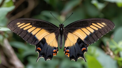 Golden-yellow butterfly wings spread, green foliage background, nature close-up, wildlife photography
