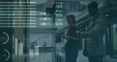 Image of financial data processing over diverse colleagues waiting for elevator in office