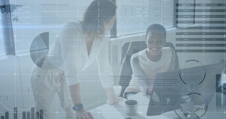 Image of financial data processing over diverse colleagues discussing work in office