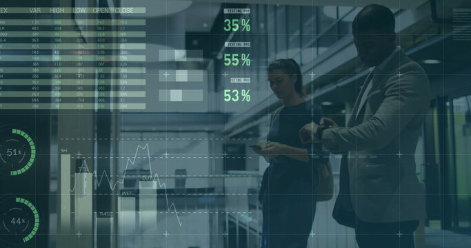 Image of financial data processing over diverse colleagues waiting for elevator in office - Powered by Adobe