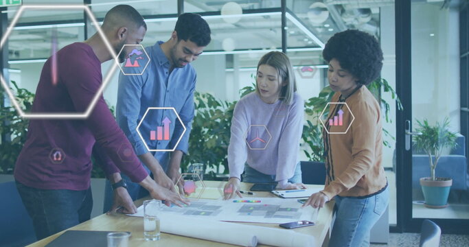 Image of eco icons and data processing over diverse business people in office