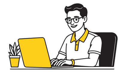 Man working at the computer. Vector illustration in a flat style.