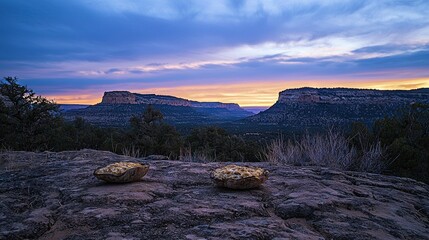   A few rocks resting on a rocky slope beneath a cloud-filled sky and distant mountains