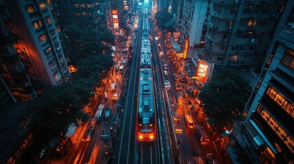 Obraz premium A vibrant urban scene featuring a train on tracks amidst bustling city life and neon lights.