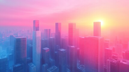 Fototapeta premium Pink sunrise over hazy city skyline, aerial view