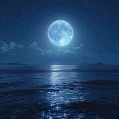 Serene night scene with a full moon shining brightly over a calm ocean, stars illuminating the dark sky.
