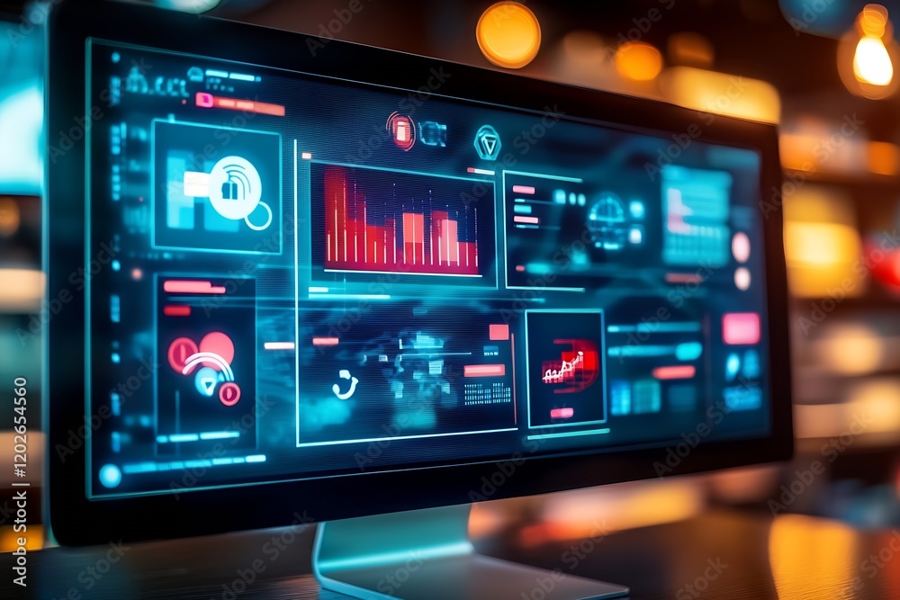 Aufkleber High-Tech Digital Data Dashboard on Computer Monitor in Office Environment : Generative AI