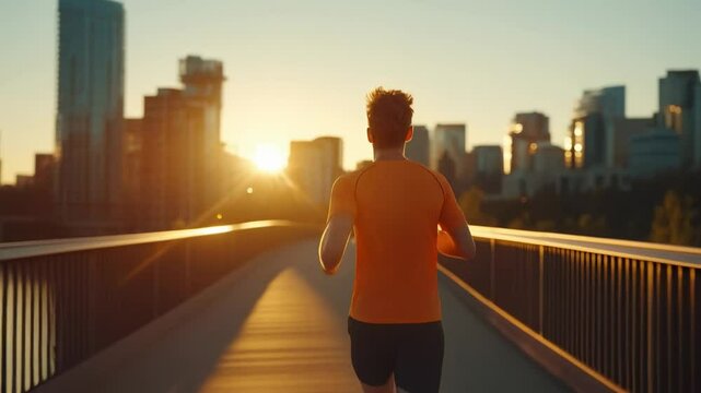 Dynamic Early Morning Runner in Urban Cityscape with Sunrise - A Vibrant Scene of Fitness and Determination Amidst Skyscrapers and Nature