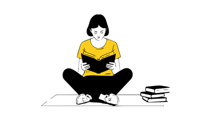Young woman reading a book sitting on the floor. Vector illustration.