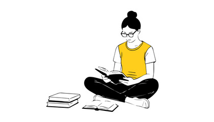 Young woman reading a book on a white background. Vector illustration.