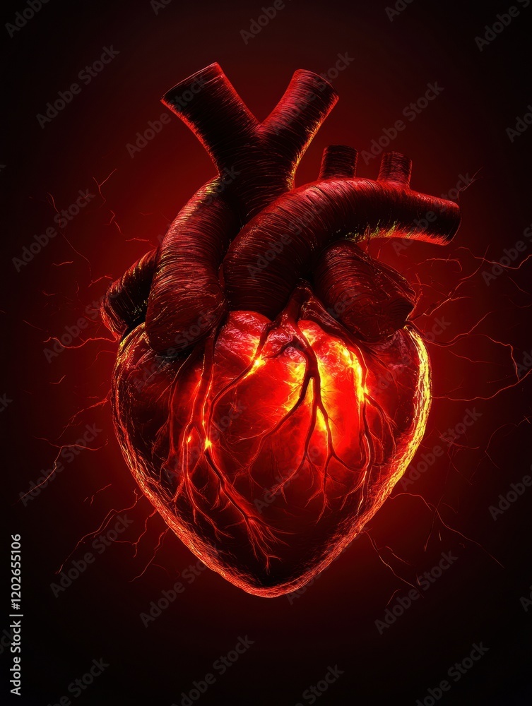 Poster bright red heart with veins glowing against a dark background showcasing intricate details and drama