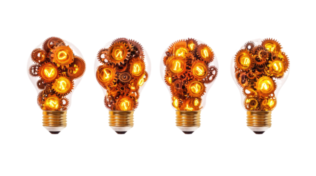 Light Bulbs Filled With Intricate Gears and Cogs Generative AI