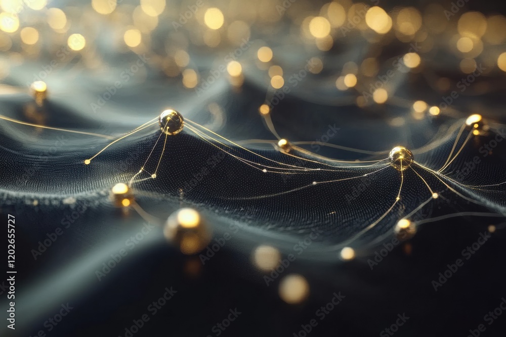 Leinwandbilder Golden particles and threads create a mesmerizing pattern on a dark surface, showcasing elegance and depth in design. Generative AI