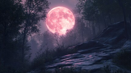 Fototapeta premium a rocky outcrop, gazing at the pink supermoon in a dense forest.
