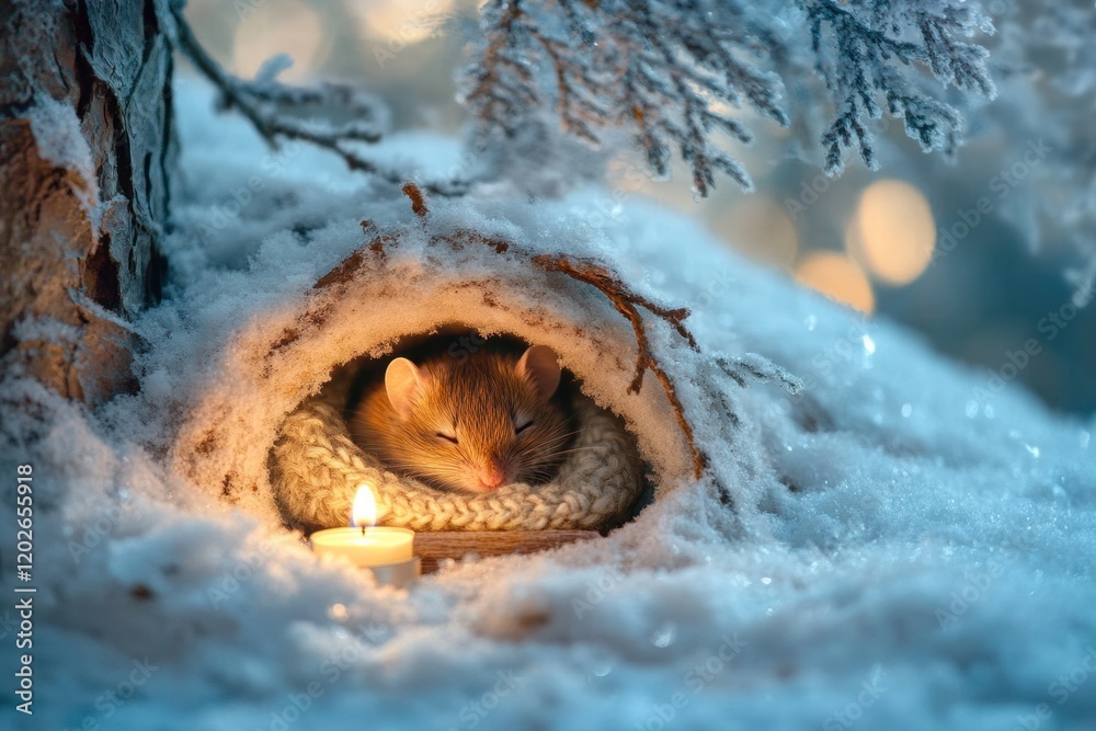 Aufkleber Cozy mouse resting in warm nest near glowing candle surrounded by snow and frost in a winter forest setting. Generative AI