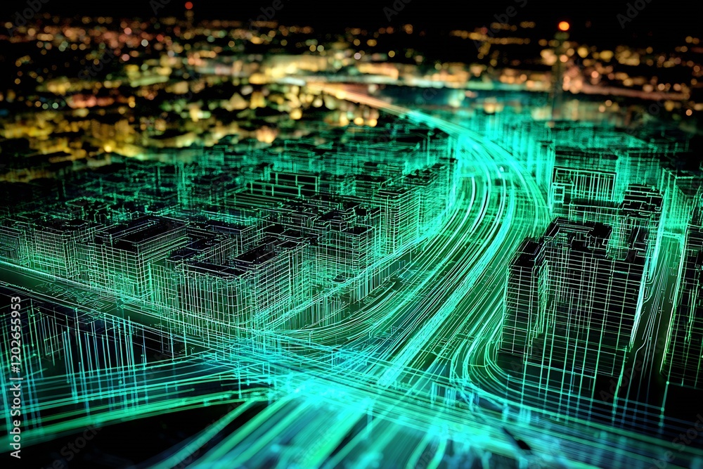 Poster hightech futuristic cityscape with neon green digital architecture at night : generative ai