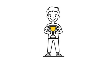 Boy holding a trophy cup. Vector illustration in thin line style.