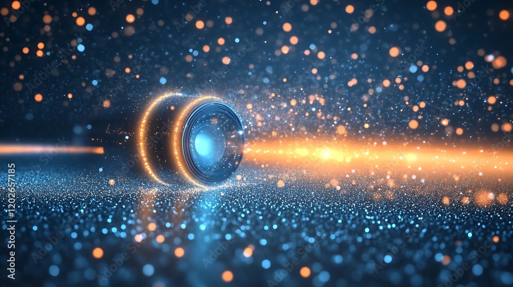Poster Futuristic Sparkling Lens Effect with Blue and Orange Particle Waves and Light : Generative AI