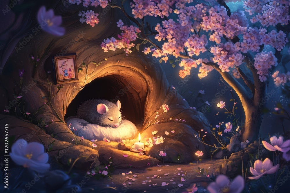 Poster cozy mouse resting peacefully in a serene burrow illuminated by candlelight surrounded by blooming f