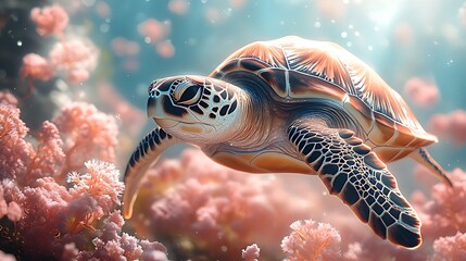 Fototapeta premium Sea turtle swims coral reef sunlight ocean