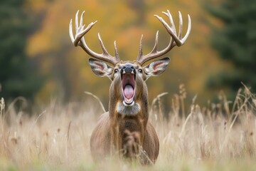 Obraz premium Majestic white-tailed buck with large antlers, mouth wide open in a dramatic display. Perfect for wildlife, nature, and hunting themes, evokes power and wildness.