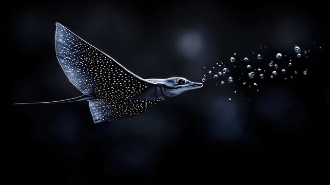   A black-and-white picture of a stingfish with water bubbling from its rear and tail