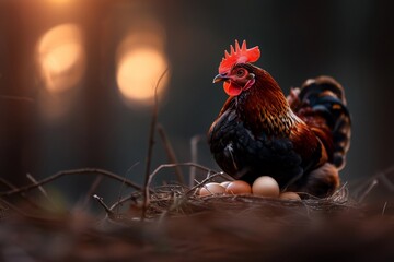Fototapeta premium Rooster guarding eggs at sunset, forest background