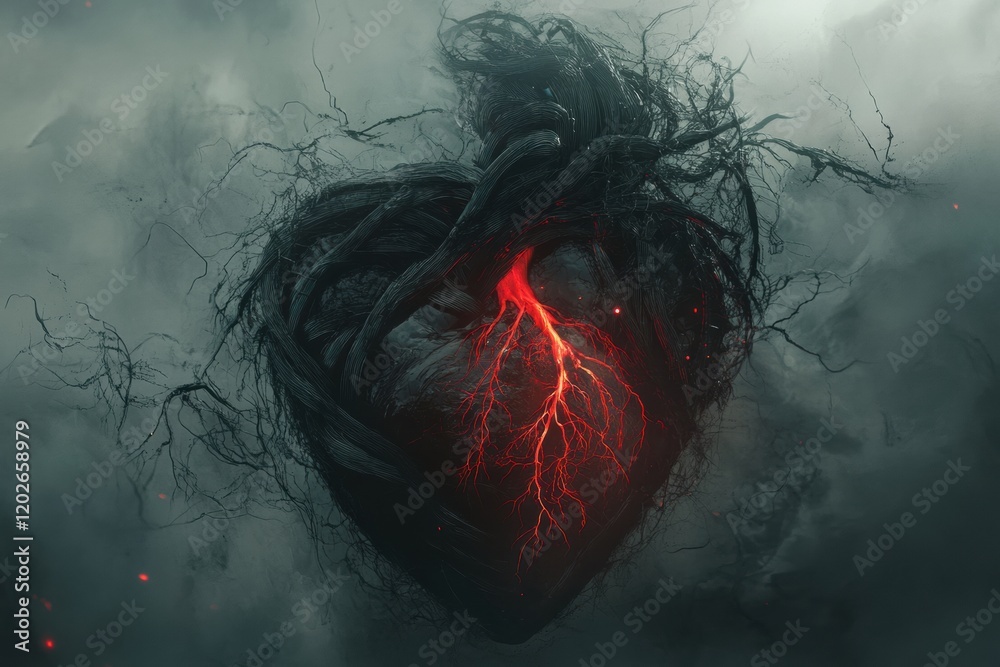 Aufkleber dark heart surrounded by twisted branches emits vibrant red energy in a mysterious foggy landscape. 