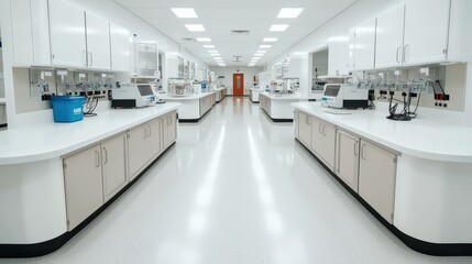 Obraz premium A clean, modern laboratory interior featuring white cabinets, long countertops, and bright lighting, ideal for scientific research and experiments.