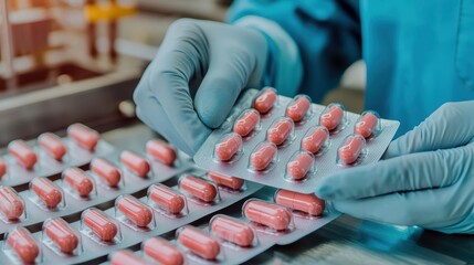 A person in gloves handles a blister pack of pink capsules in a pharmaceutical setting, emphasizing medication production and quality control.