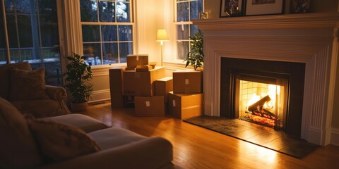 Fototapeta premium A cozy fireplace in a new living room, with unpacked boxes and family photos nearby,