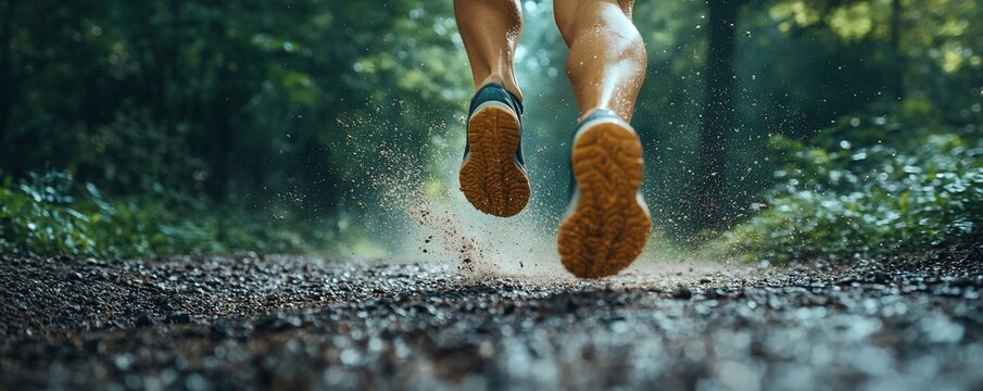 Runner's feet on trail, forest background. Fitness, nature