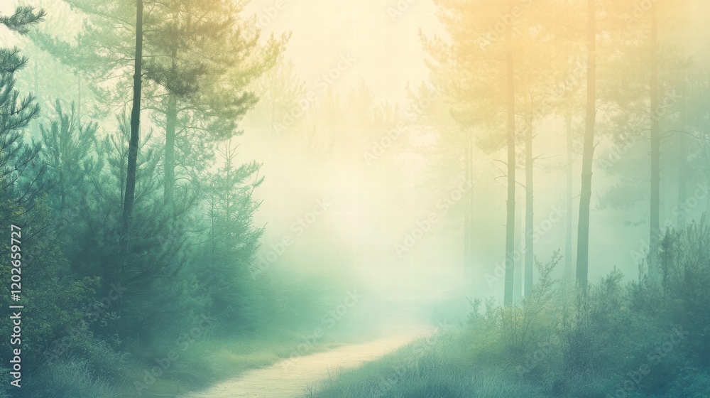 Poster Misty forest trail winds through tall trees in a serene and tranquil woodland setting at dawn. Generative AI