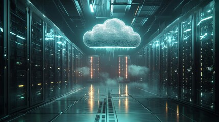 Futuristic Server Room with Advanced Cloud Systems and Technology