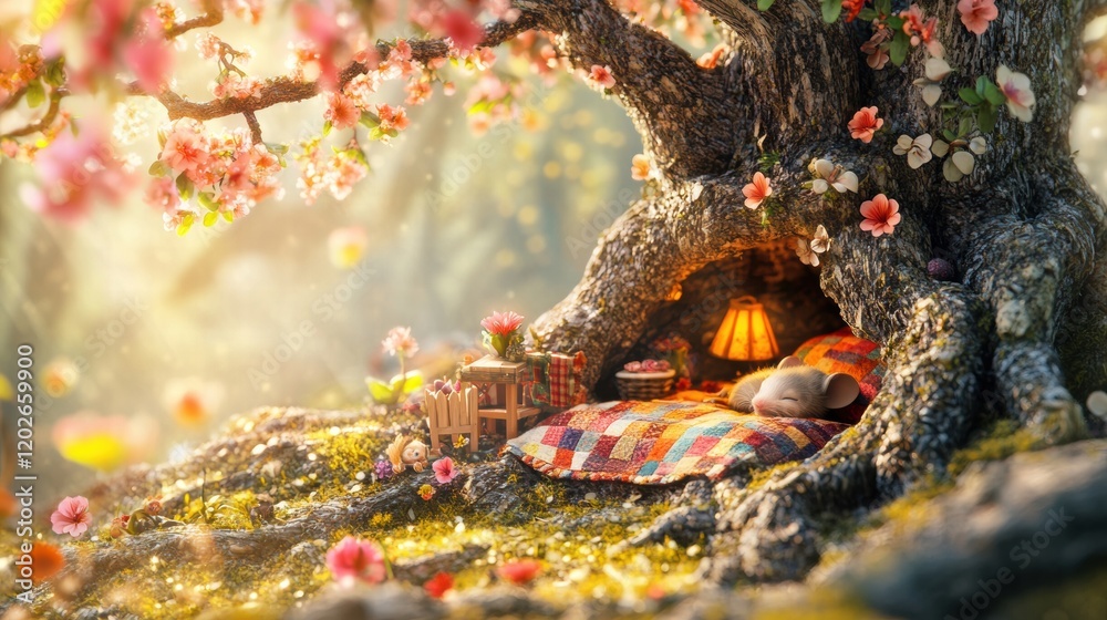 Poster cozy sleeping area nestled in the roots of a large tree surrounded by blooming flowers during golden