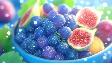   Close-up of a fruit bowl with grapes and watermelon on a blue and green tablecloth