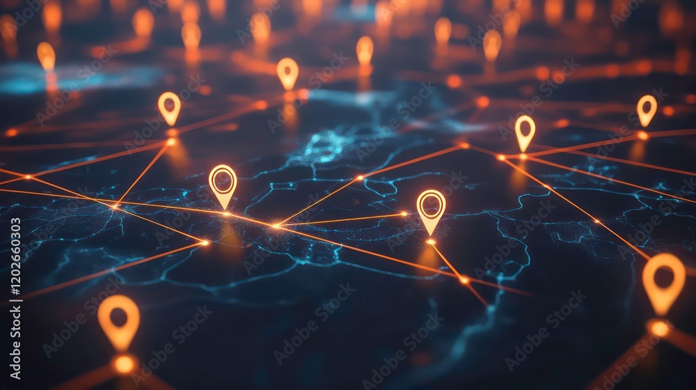 Aufkleber Abstract network map with glowing location pins and connecting lines.