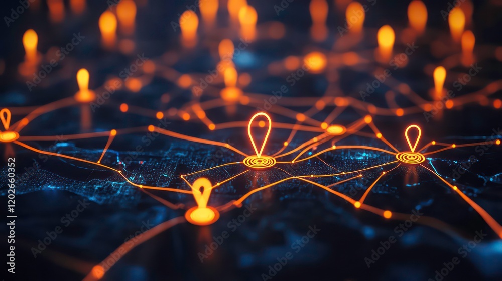 Aufkleber network map with glowing location pins, illustrating connectivity and global reach.