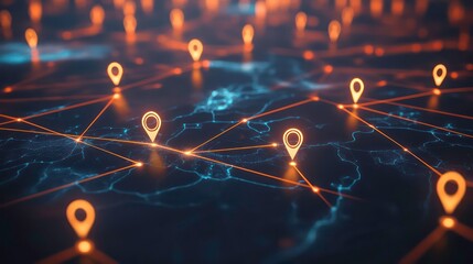 Abstract network map with glowing location pins and connecting lines.
