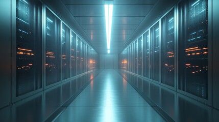 Futuristic Server Room with Transparent Floors and High-Tech Design