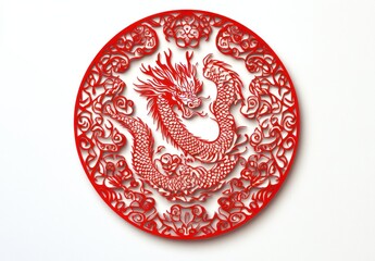 Red Chinese dragon paper cut in circle.