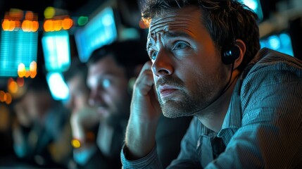 Obraz premium Traders in Distress on a Busy Trading Floor During High-Stakes Moments