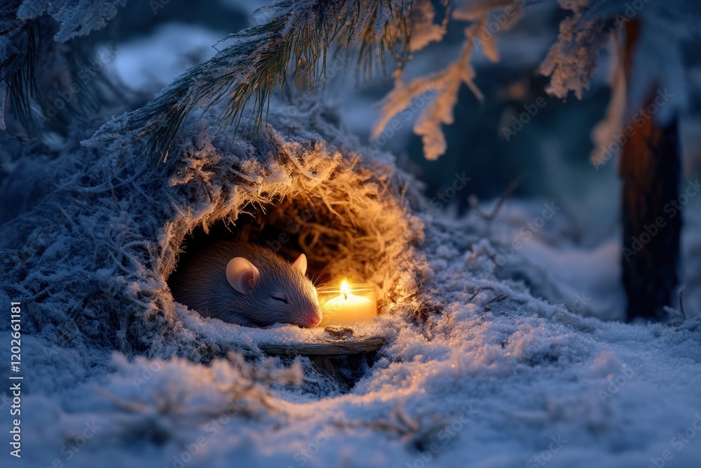 Poster Winter evening in a snowy forest with a mouse resting by a candlelight. Generative AI