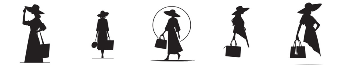 vector collection of silhouetted female models carrying bags and wearing hats